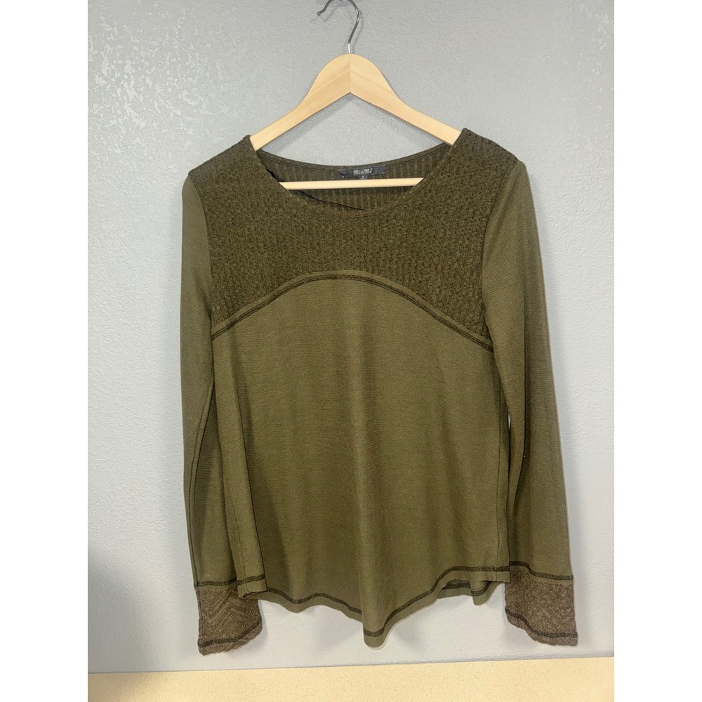 Miss Me Womens Olive Green Mixed Media Lace Back Thermal Long Sleeve Top Size M